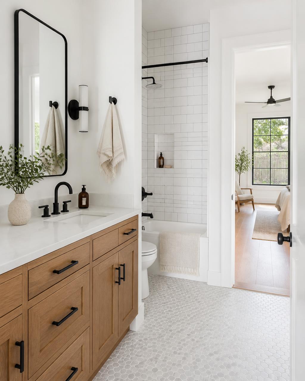 A bathroom with white tile, a wood vanity, matte black fixtures and light wood floors through the doorway.