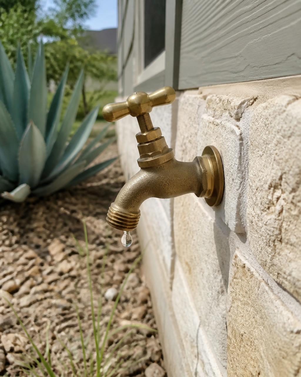 An outdoor brass hose spigot on a limestone and siding home exterior, with agave and gravel landscaping behind it.